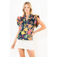 Ruffle Sleeve Navy Floral Pattern Top