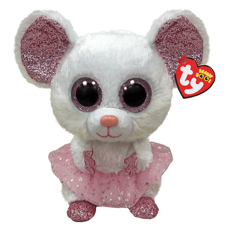 White plush mouse wearing a pink glittery ballerina's tutu with pink ears, featuring a Ty Beanie Boos tag.