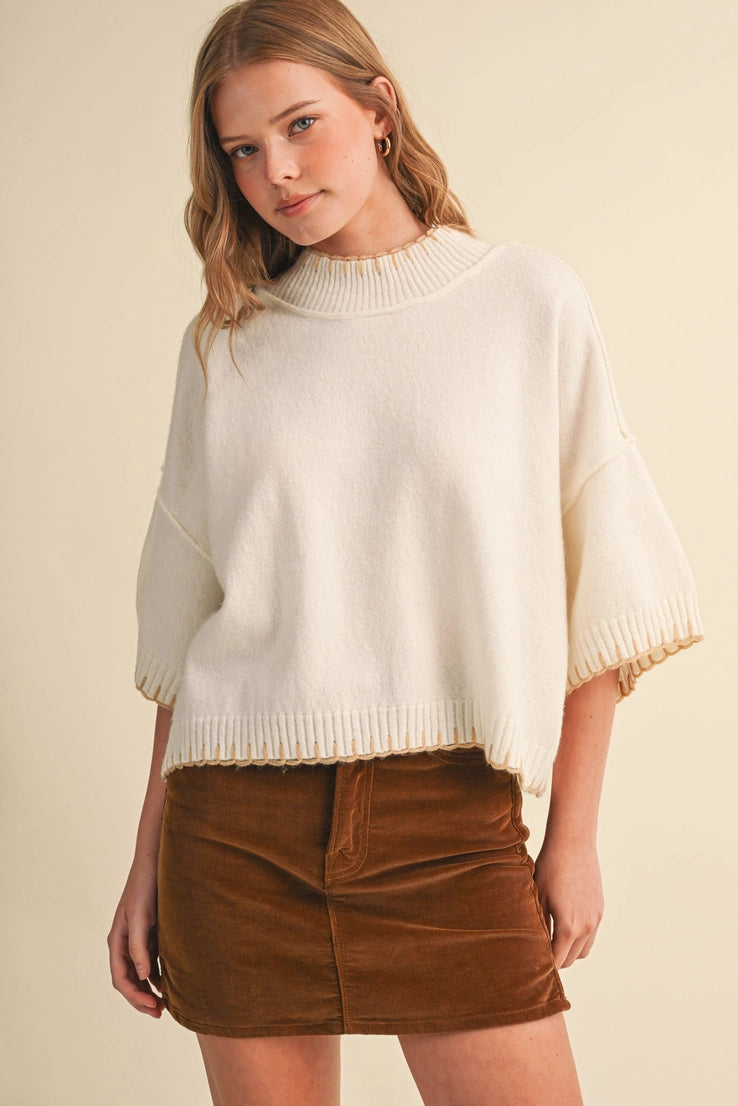 Contrast Blanket Stitch Mock Neck Short Sleeve Sweater in White Beige