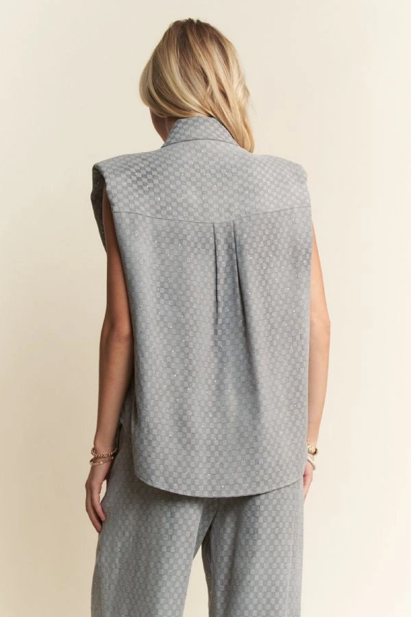 Davi & Dani Checkered Denim Button Down Shirt & Long Pants Set