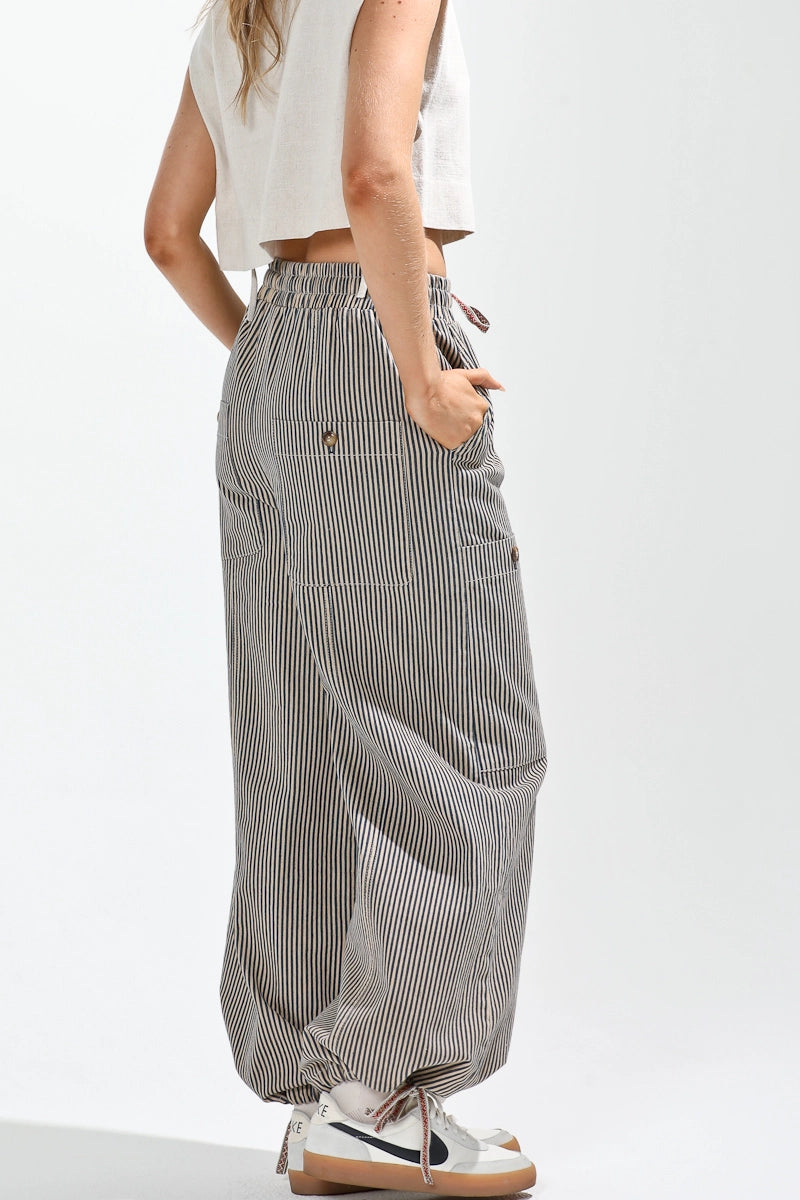 Elastic Waist Vintage Washed Stripe Pants in Latte