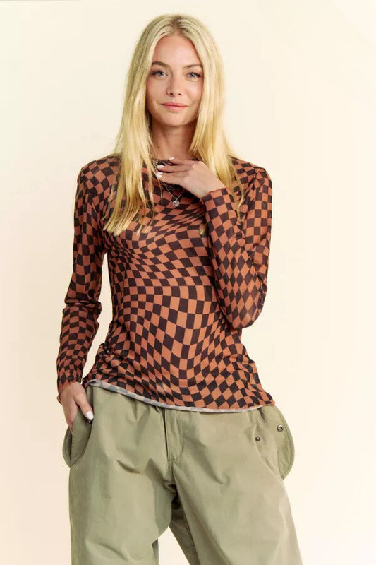 Women's Curvy Brown & Black Checkered Mesh Top