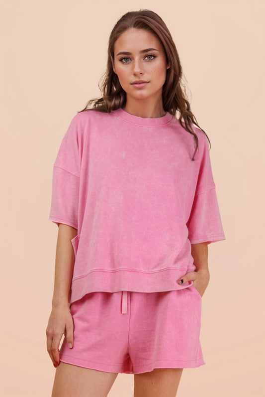 Mineral Washed Casual Knit Top & Shorts Set in Pink