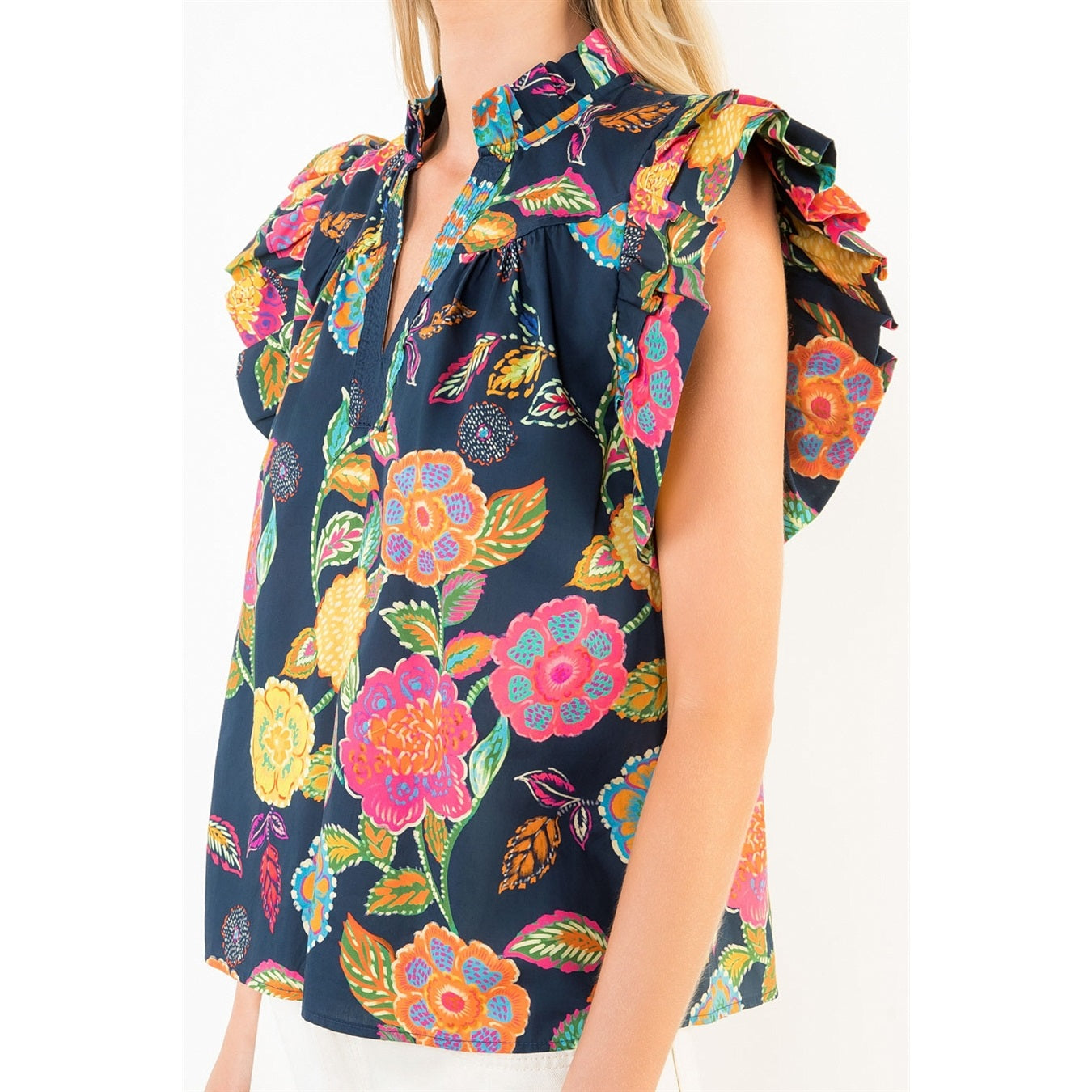 Ruffle Sleeve Navy Floral Pattern Top