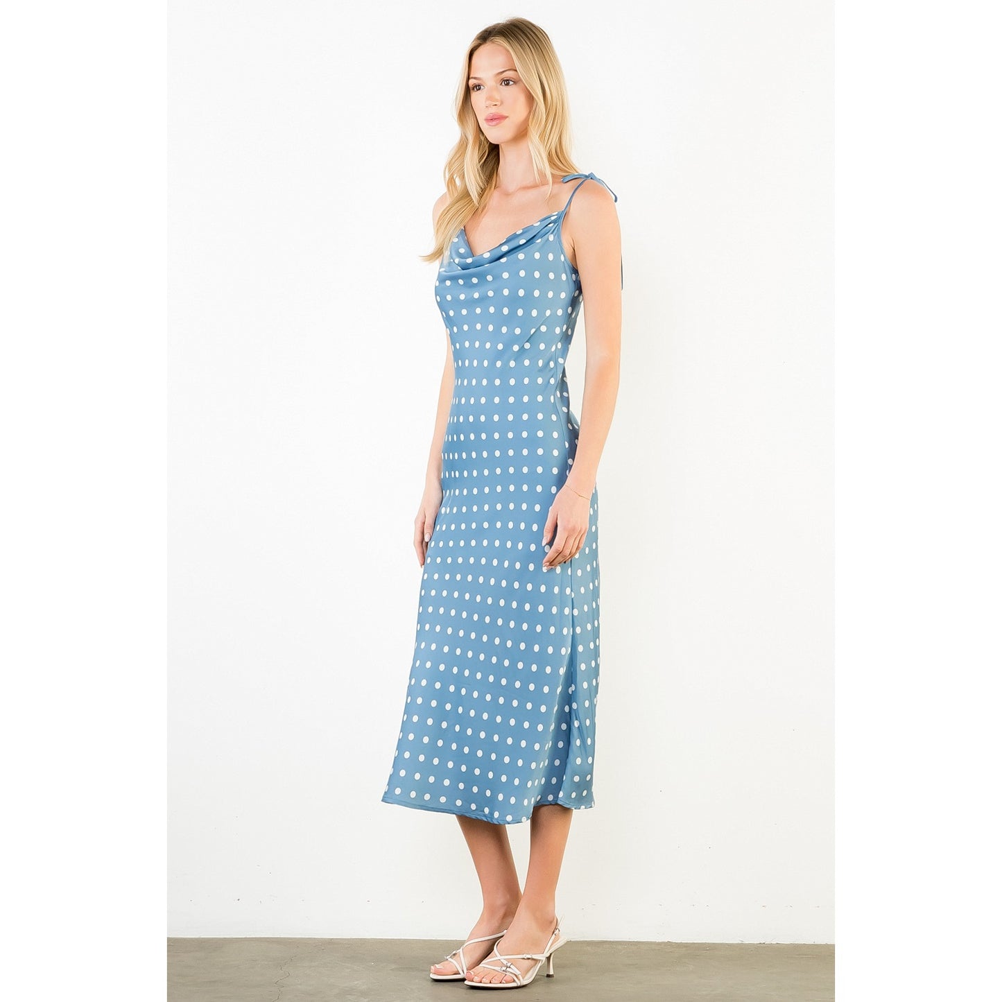 Tie Strap Blue & Polka Dot Midi Dress