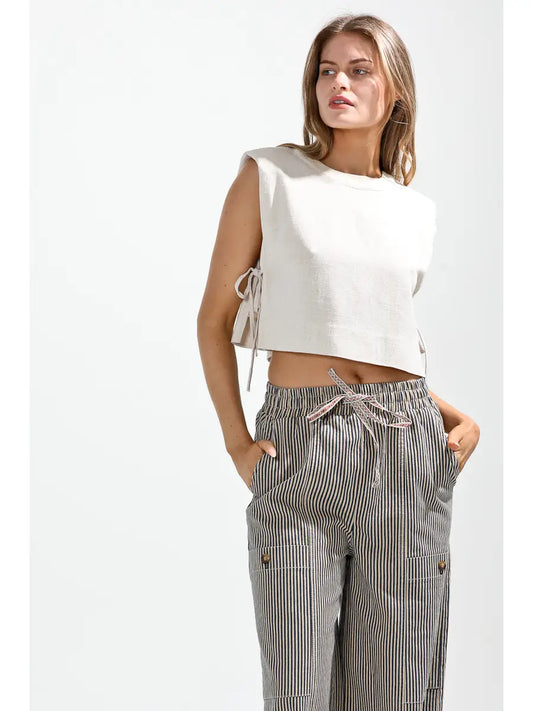 NoaBoa Sleeveless Side Tie Linen Top in Oatmeal