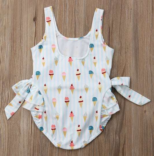 Light Blue Ice Cream Print Ruffled Swimsuit with Bows