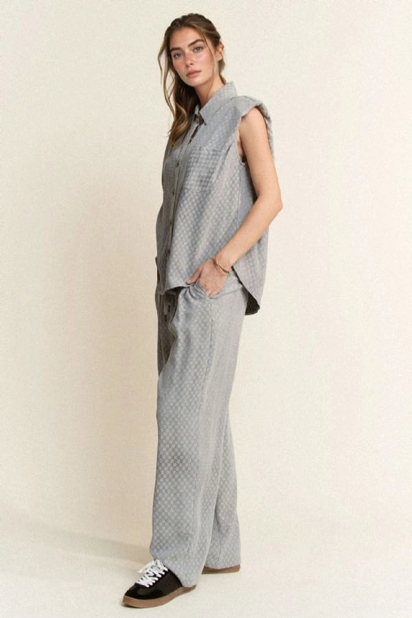 Davi & Dani Checkered Denim Button Down Shirt & Long Pants Set