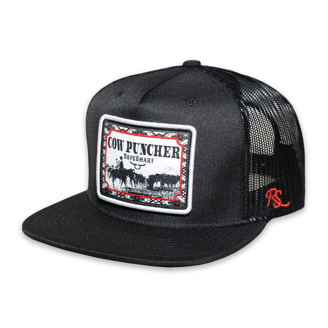 RopeSmart Red Cow Puncher Patch Black Trucker Cap