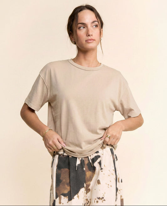 Davi & Dani Relaxed Fit Boxy Crew Neck Tee in Beige