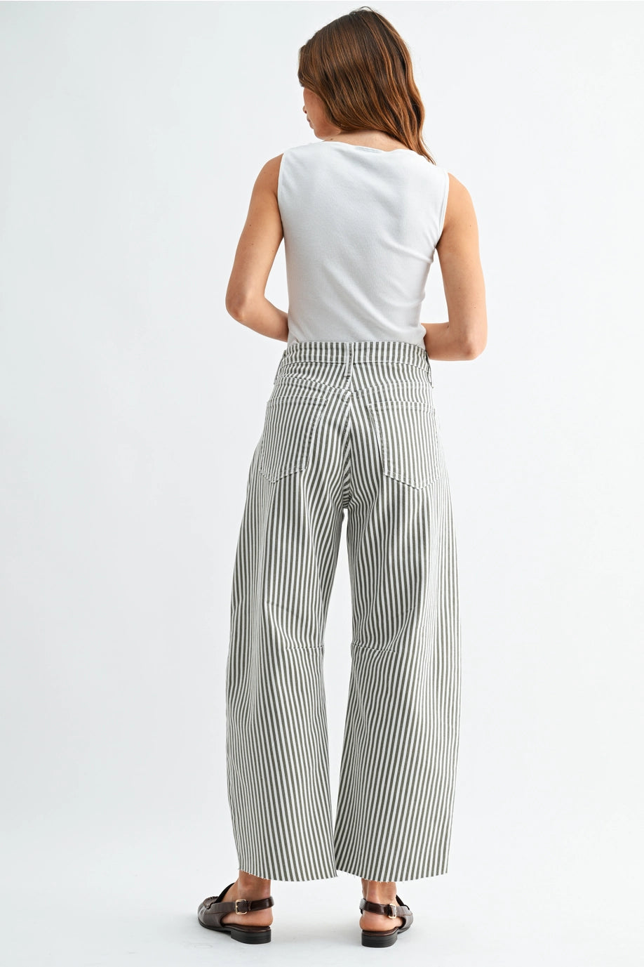 Olive Stripe Raw Hem Barrel Jean