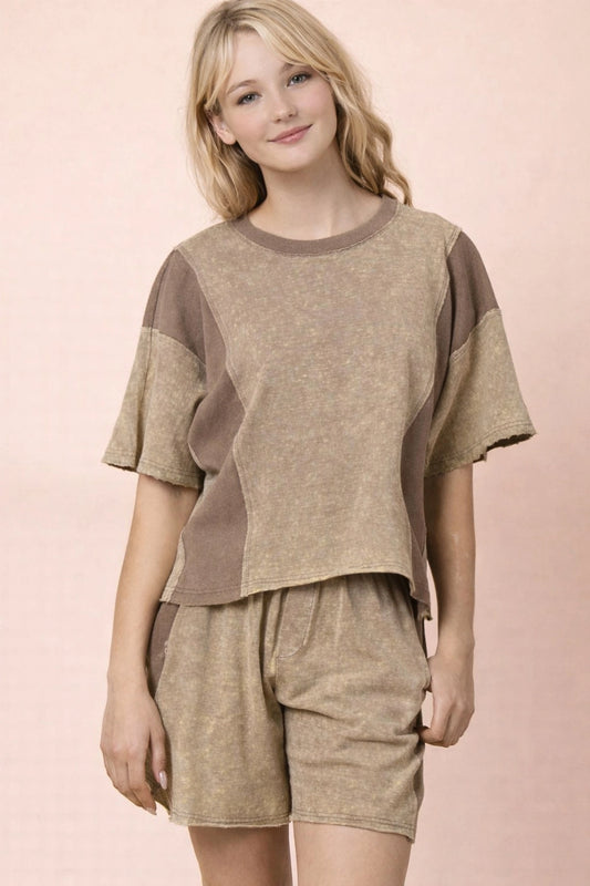 Mineral Washed Casual Knit Top & Shorts Set in Taupe