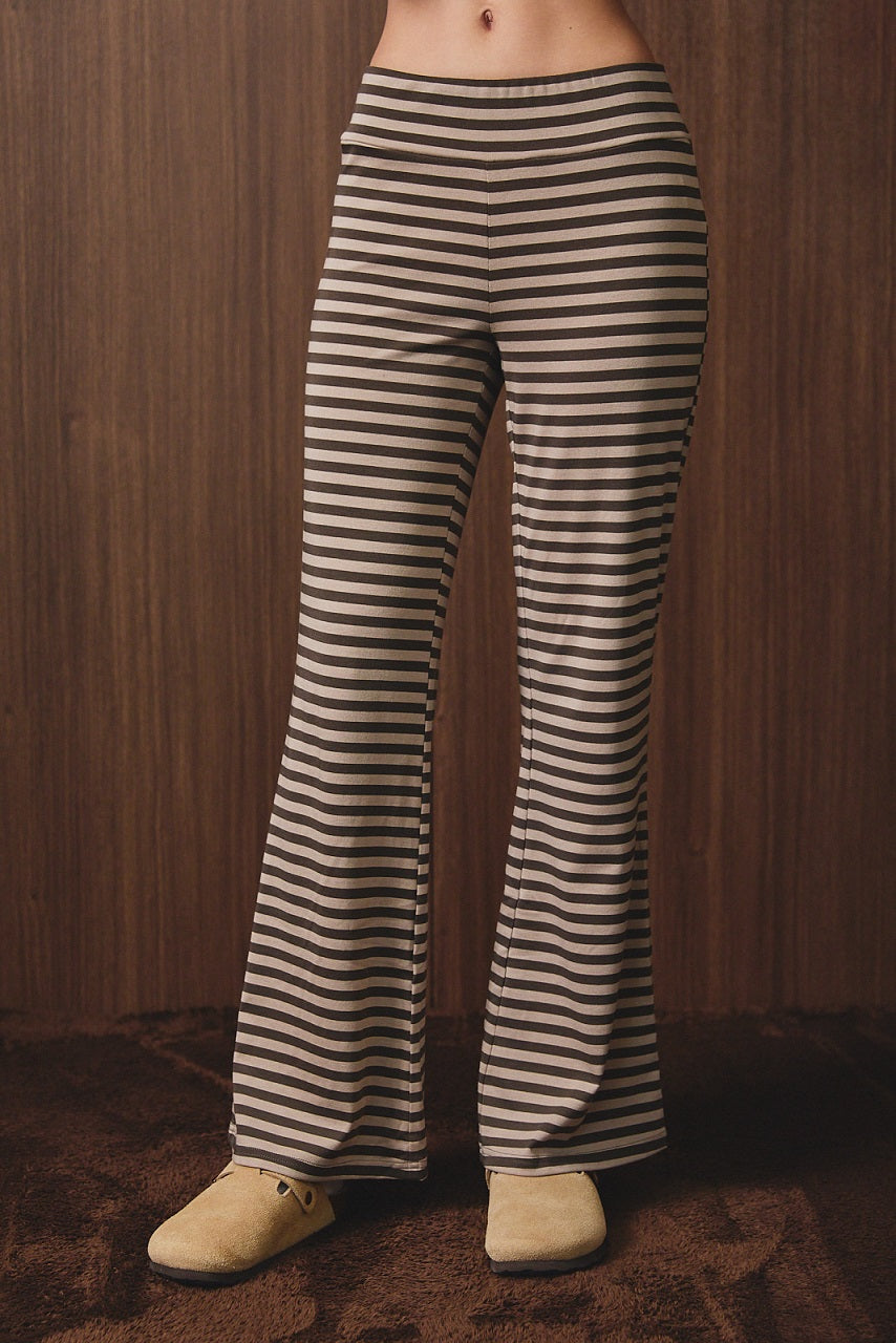 Mid Rise Wide Leg Stripe Pants in Charcoal/ Taupe Stripe