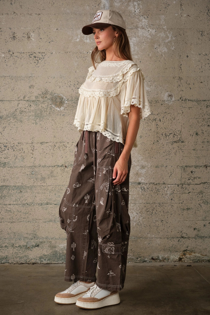 Western Print Cotton Cargo Pants in Chocolate