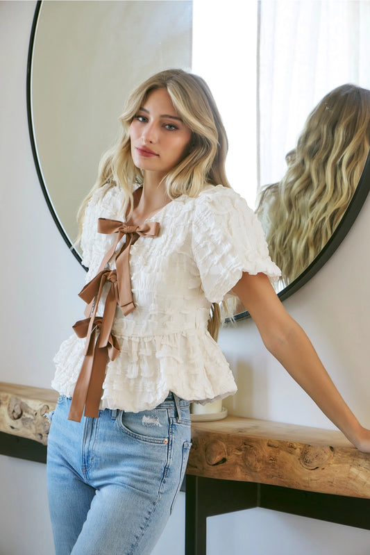 Bubble Textured Babydoll Blouse with Brown Bows