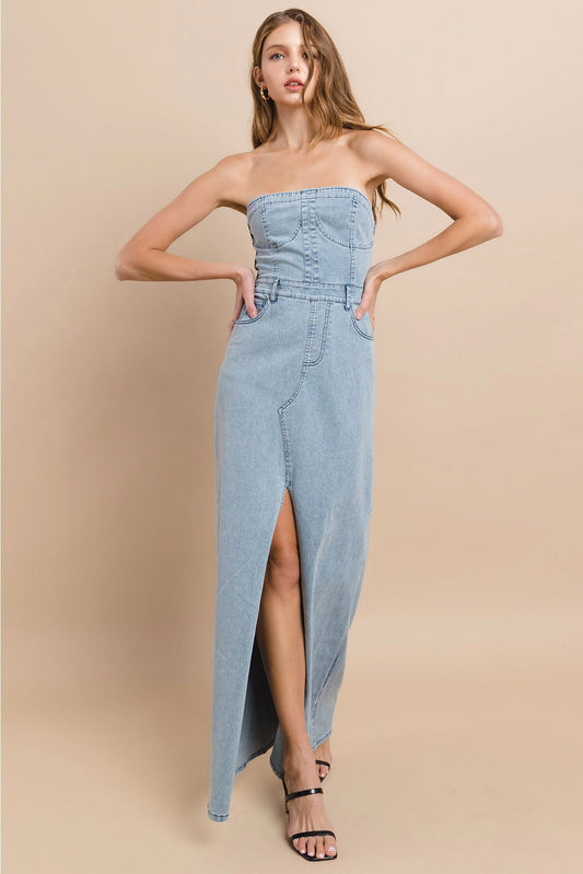 Strapless Light Wash Denim Tube Maxi Dress