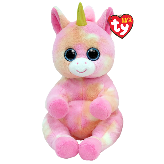 Pink and orange plush toy unicorn with a yellow horn, featuring a Ty Beanie Bellies tag, on a white background