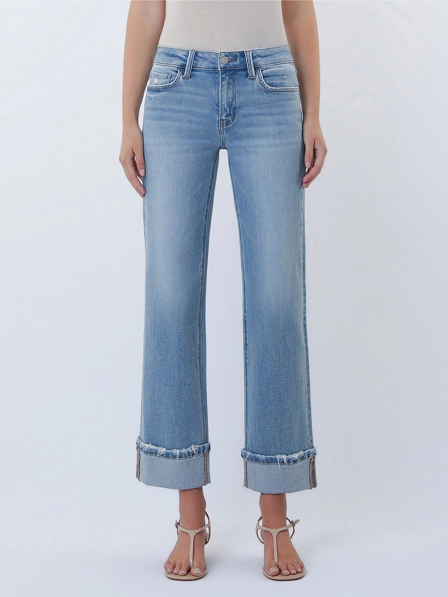 Lovervet Mid-Rise Medium Light Cuffed Slim Wide Leg Jeans