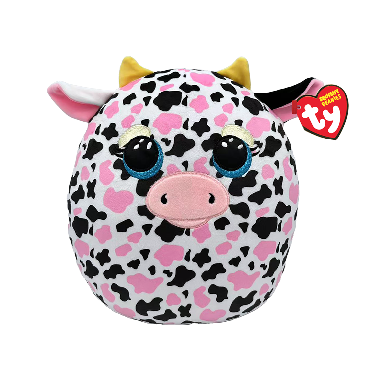 Plush, round toy cow featuring a pink and black cow print pattern, with a Ty Squishy Beanies tag