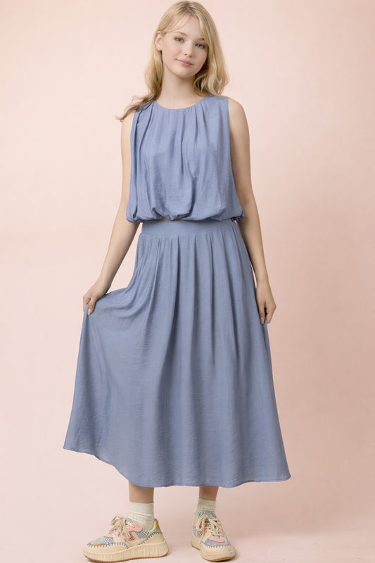 Pleated Bubble Blouse Top & Midi Skirt Set in Denim