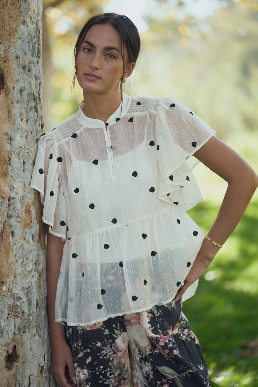 Davi & Dani Plus Polka Dot Flutter Sleeve Babydoll Top