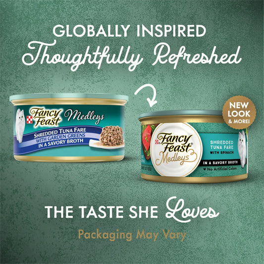 Fancy Feast Medleys Shredded Tuna Fare With Spinach in a Savory Broth