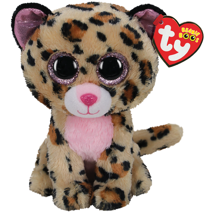 Plush toy leopard with a pink stomach, ears and eyes and Ty Beanie Boos tag on a white background