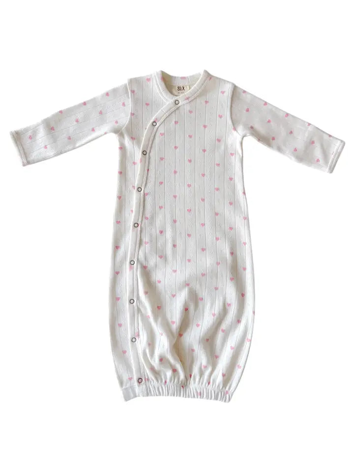 SIIX Collection Organic Pointelle Gown in White with Pink Hearts