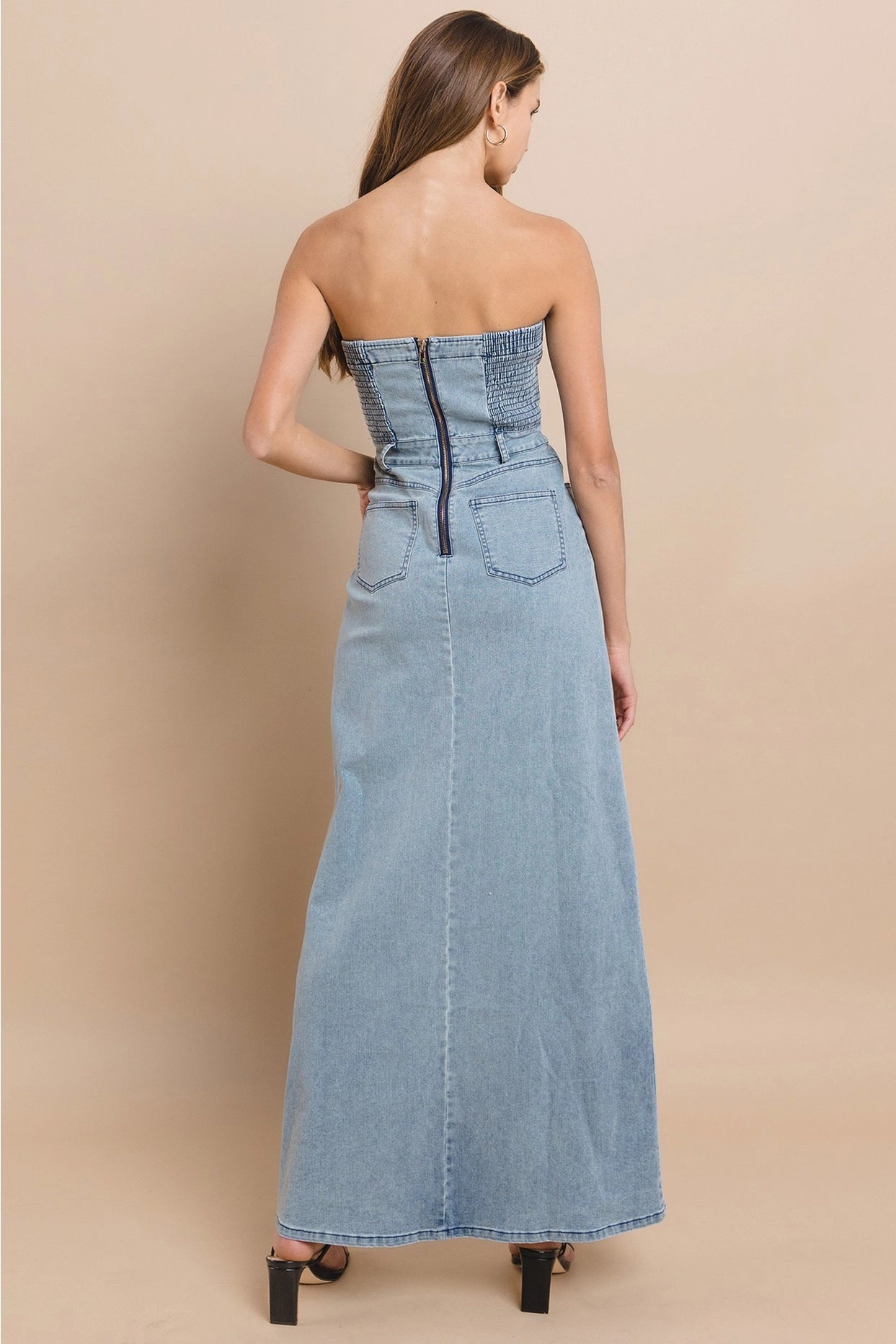 Strapless Light Wash Denim Tube Maxi Dress