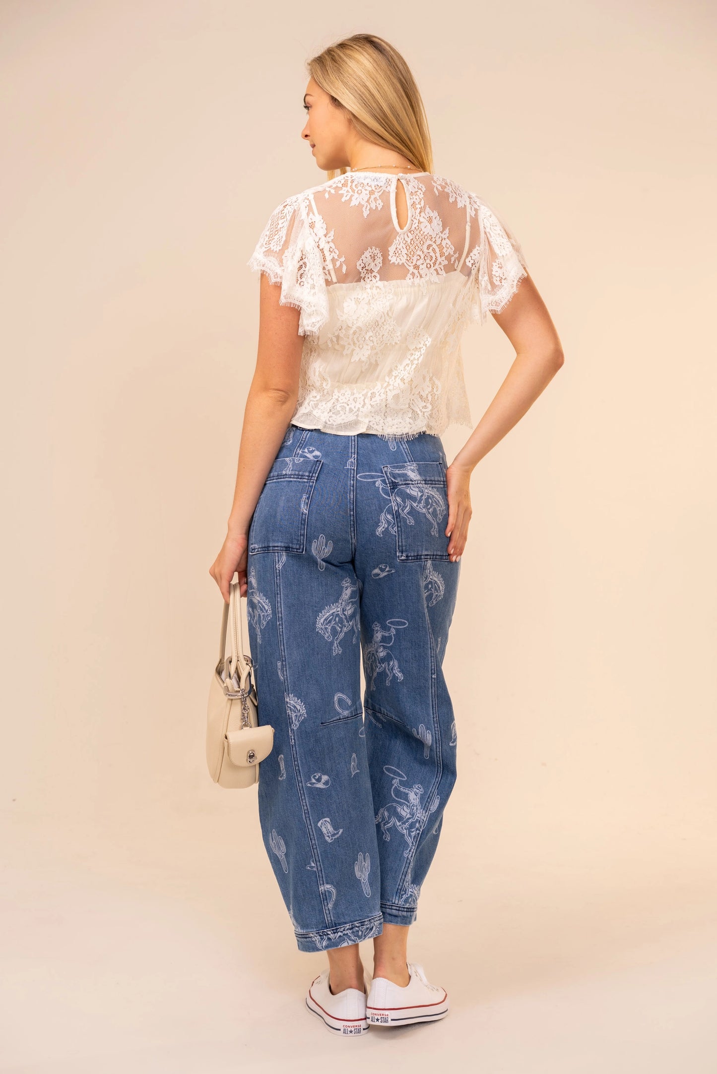 Blue B Western Print Barrel Leg Denim Jean
