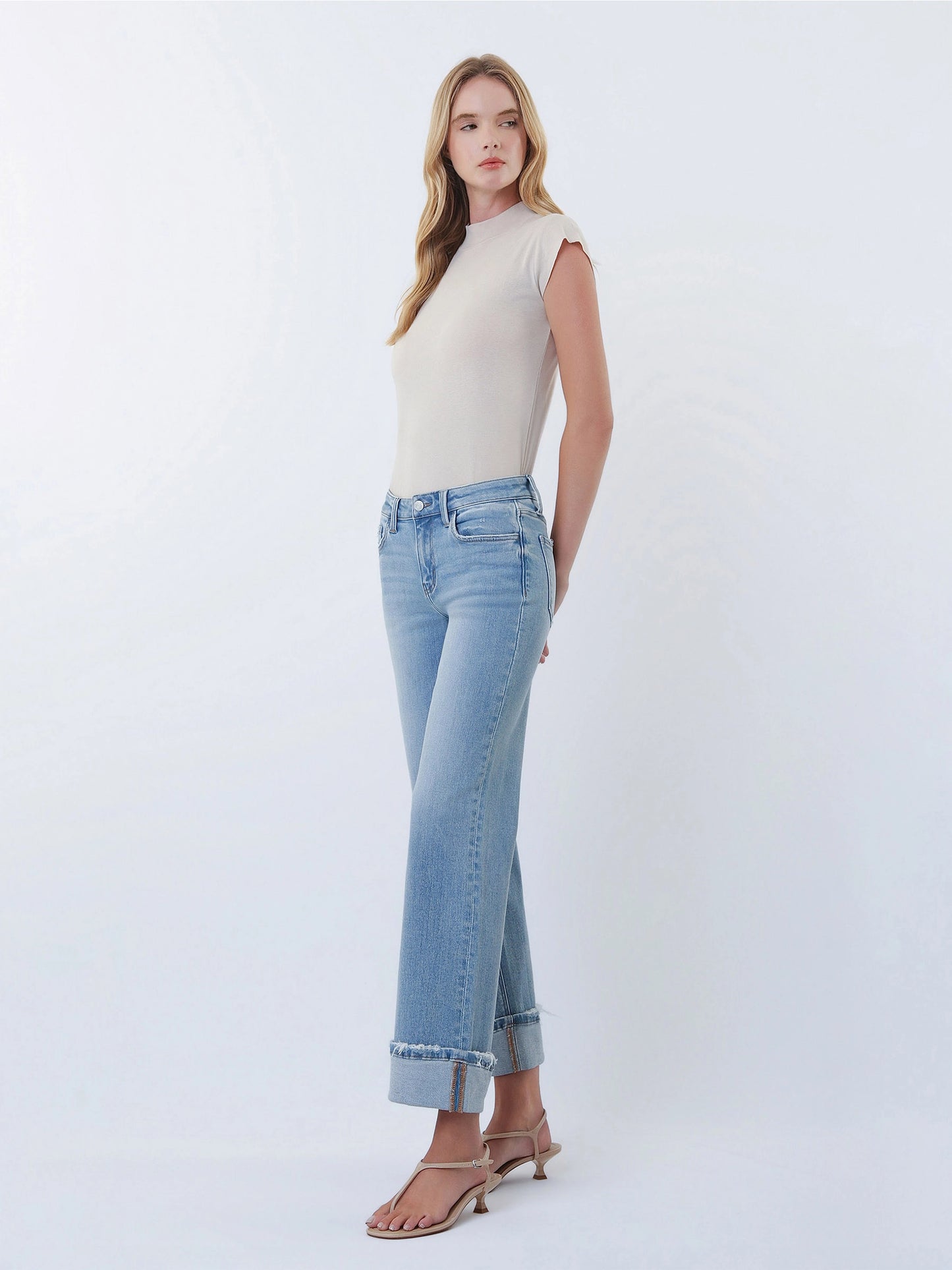 Lovervet Mid-Rise Medium Light Cuffed Slim Wide Leg Jeans