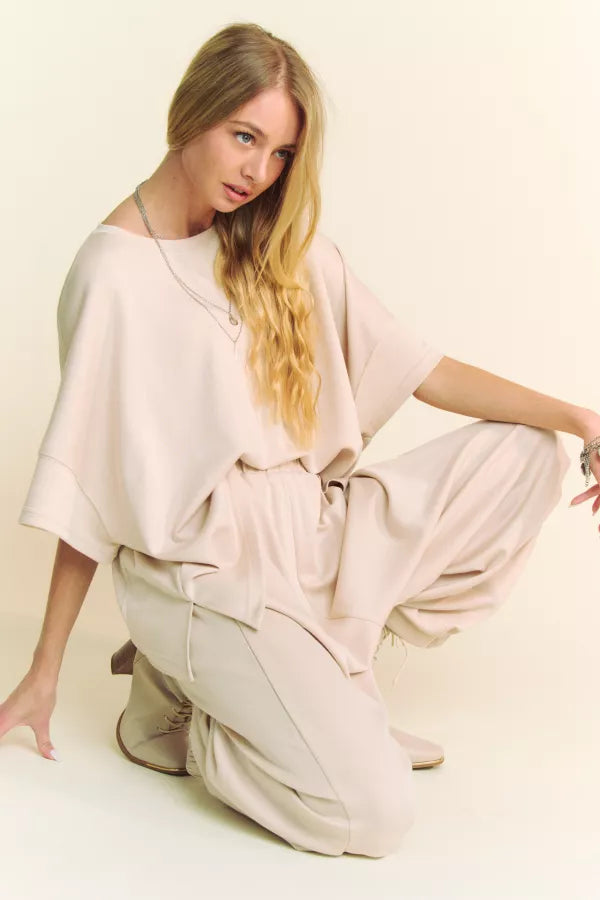 Beige Solid Flowy Top with Elastic Waist Band Pants Set