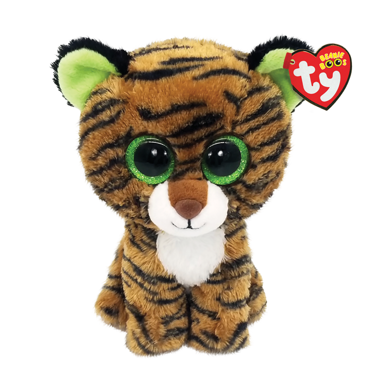Plush tiger toy with green eyes and a Ty Beanie Boos tag on a transparent background