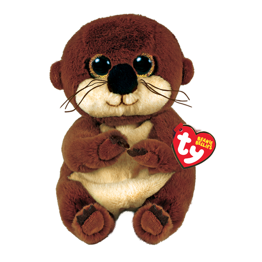 Plush toy otter with a Ty Beanie Bellies tag, on a white background