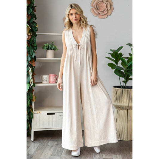 Cream Pleated Sleeveless Jumpsuit