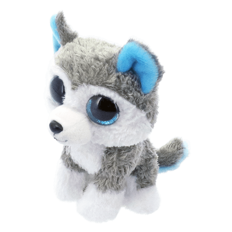Side view of plush toy gray and white husky with blue eyes on a transparent background
