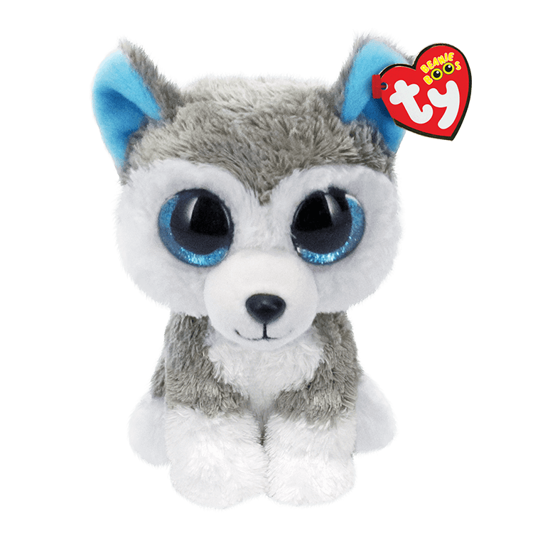 Plush toy husky with blue eyes and gray and white fur, featuring a Ty Beanie Boos tag.