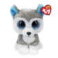 Plush toy husky with blue eyes and gray and white fur, featuring a Ty Beanie Boos tag.