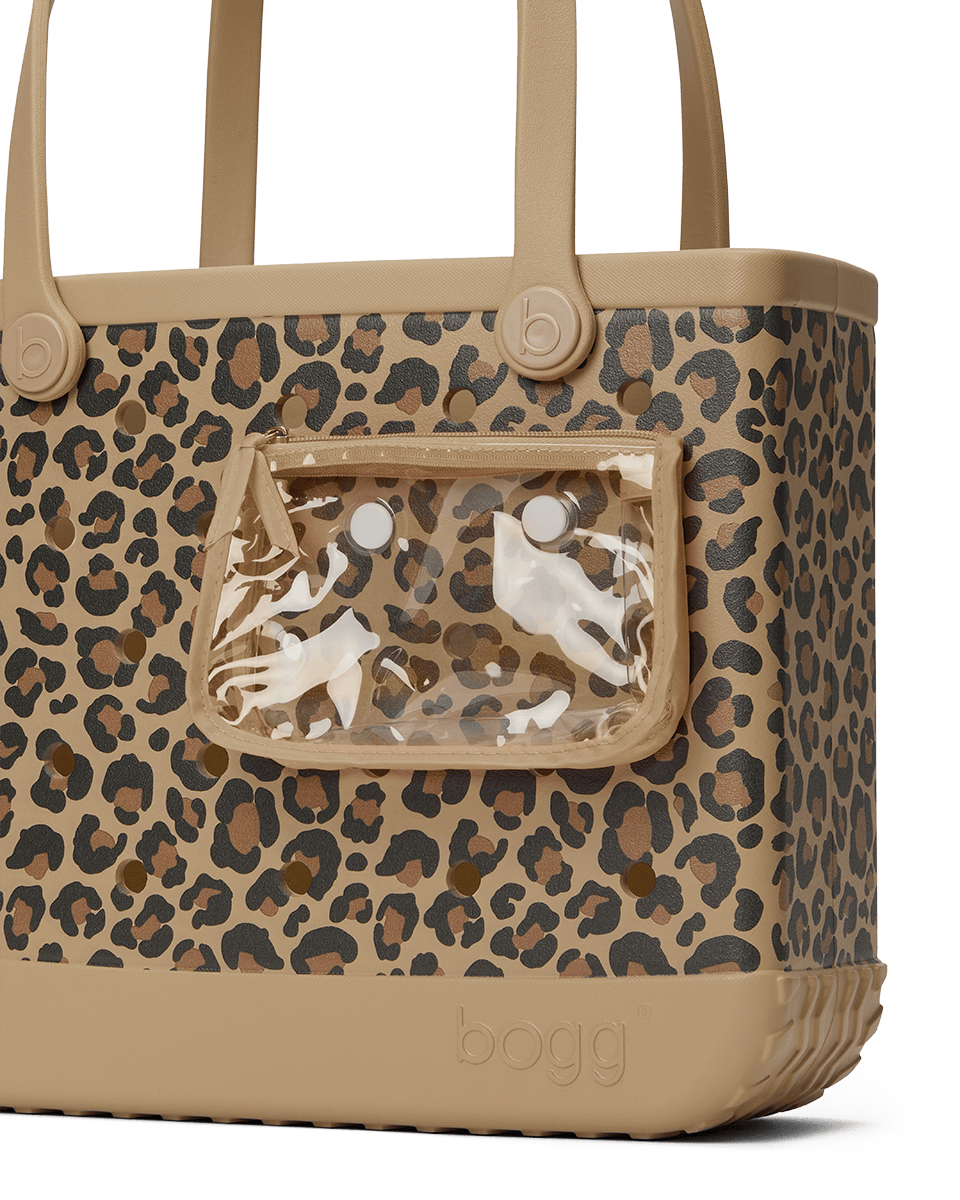 Leopard print Bogg bag with a clear compartment attached on a white background