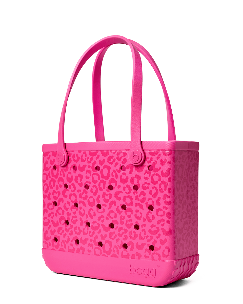 Pink Baby Bogg bag with leopard print pattern on a white background