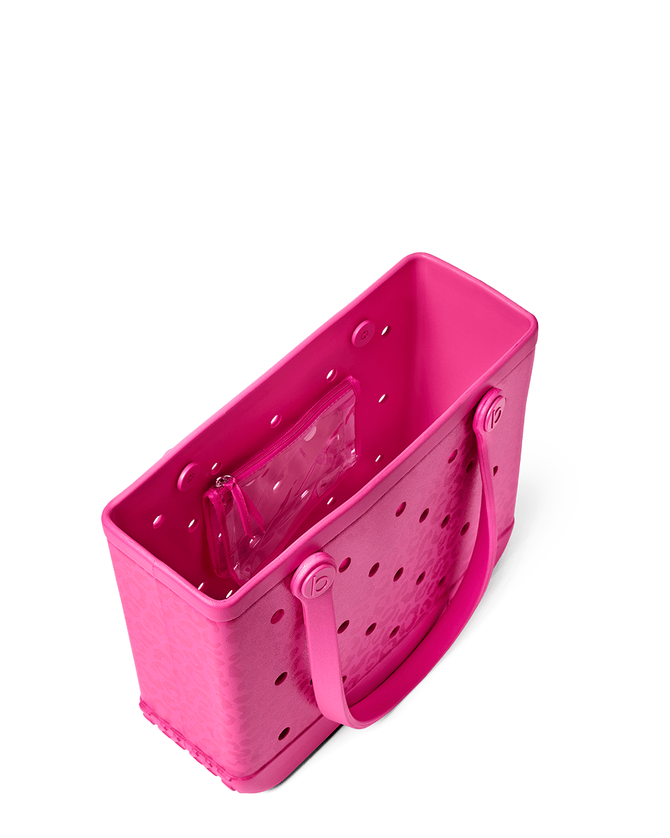 Pink leopard Baby Bogg bag with clear interior pocket on a white background