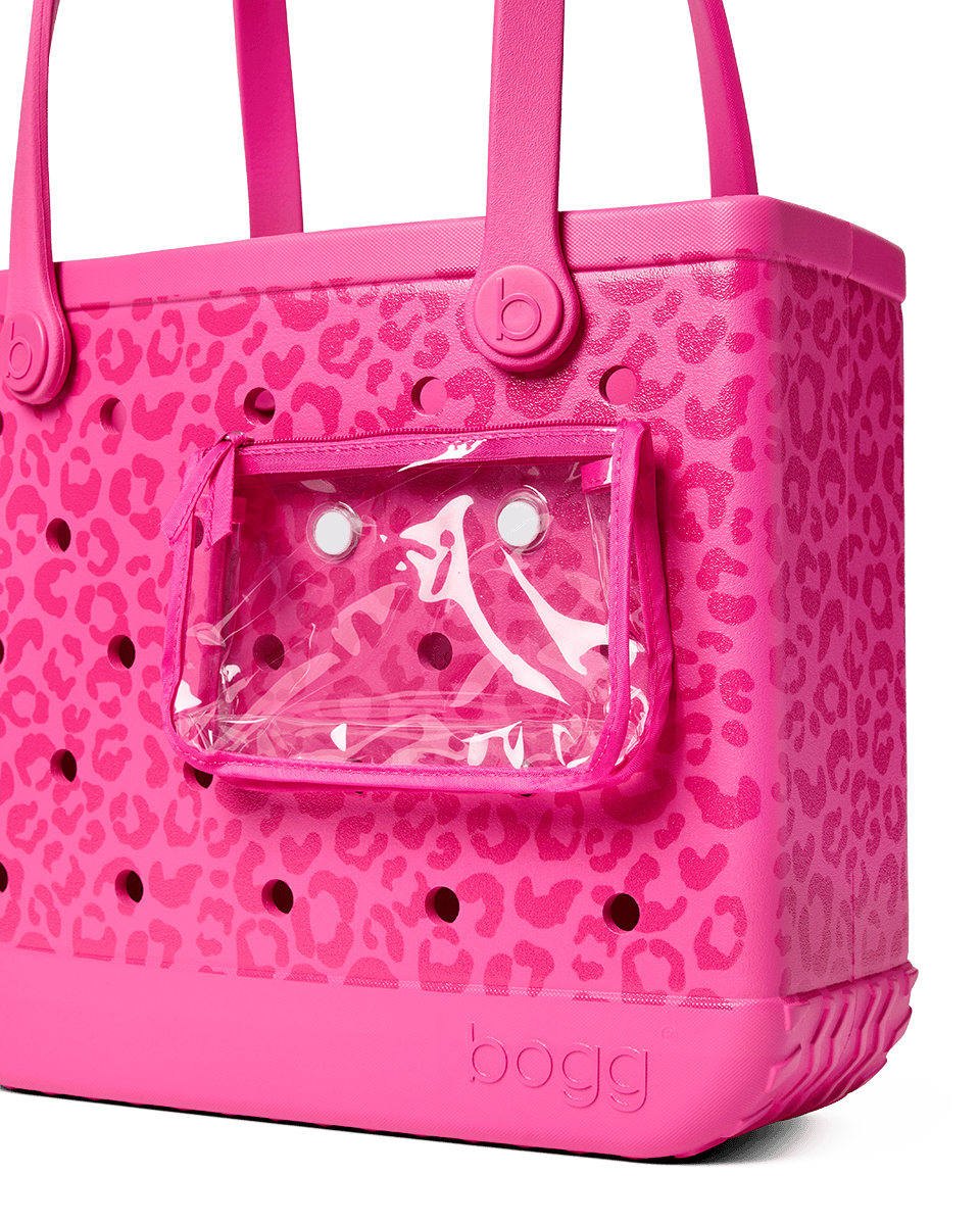 Pink Baby Bogg bag with leopard print pattern and clear front pocket on a white background