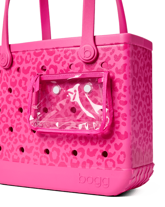 Pink Baby Bogg bag with leopard print pattern and clear front pocket on a white background