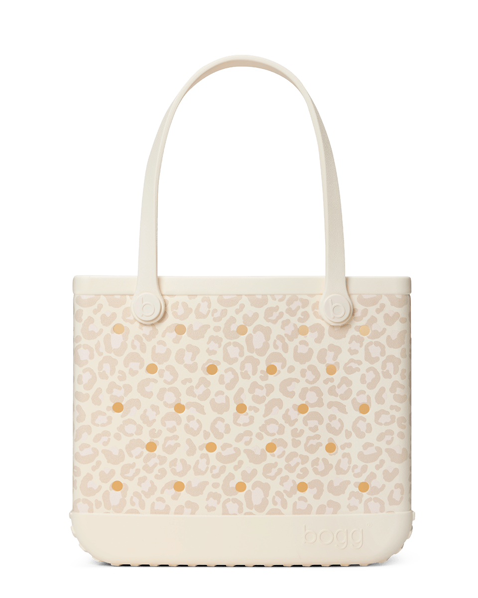Beige leopard Baby Bogg tote bag, on a white background