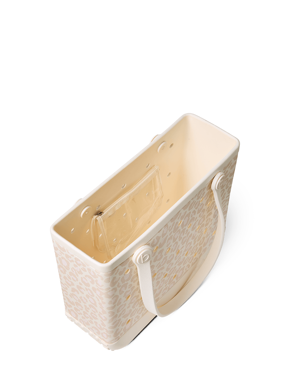 Beige leopard Baby Bogg bag with a white handle on a white background