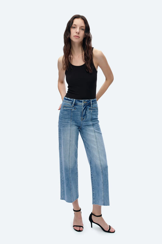 Bayeas High Rise Wide Leg Denim Jeans with Raw Hem in Ice Blue