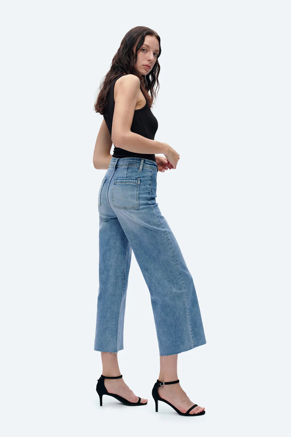 Bayeas High Rise Wide Leg Denim Jeans with Raw Hem in Ice Blue