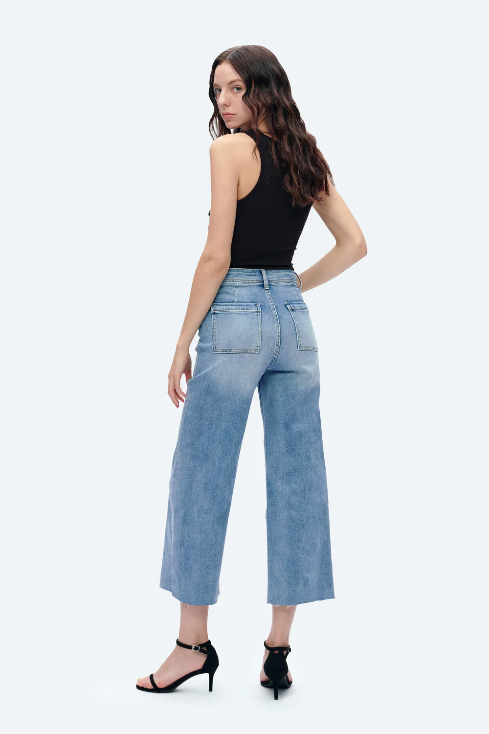 Bayeas High Rise Wide Leg Denim Jeans with Raw Hem in Ice Blue