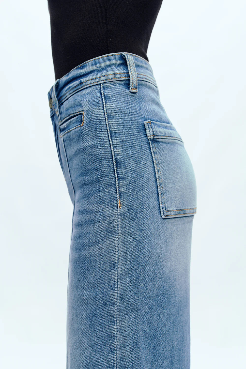 Bayeas High Rise Wide Leg Denim Jeans with Raw Hem in Ice Blue