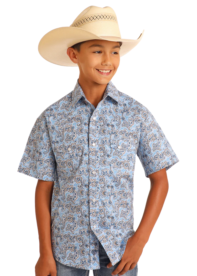Rock & Roll Boys' Blue Paisley Short Sleeve Snap Shirt